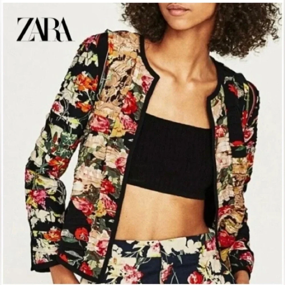 Zara Floral Patchwork Black Multicolor Blazer Jacket - Picture 2 of 9